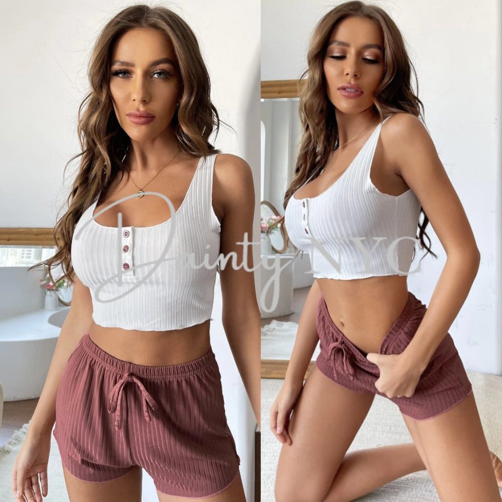 Ribbed Crop Top Tank Shorts Lounge Set - Picture 2 of 9